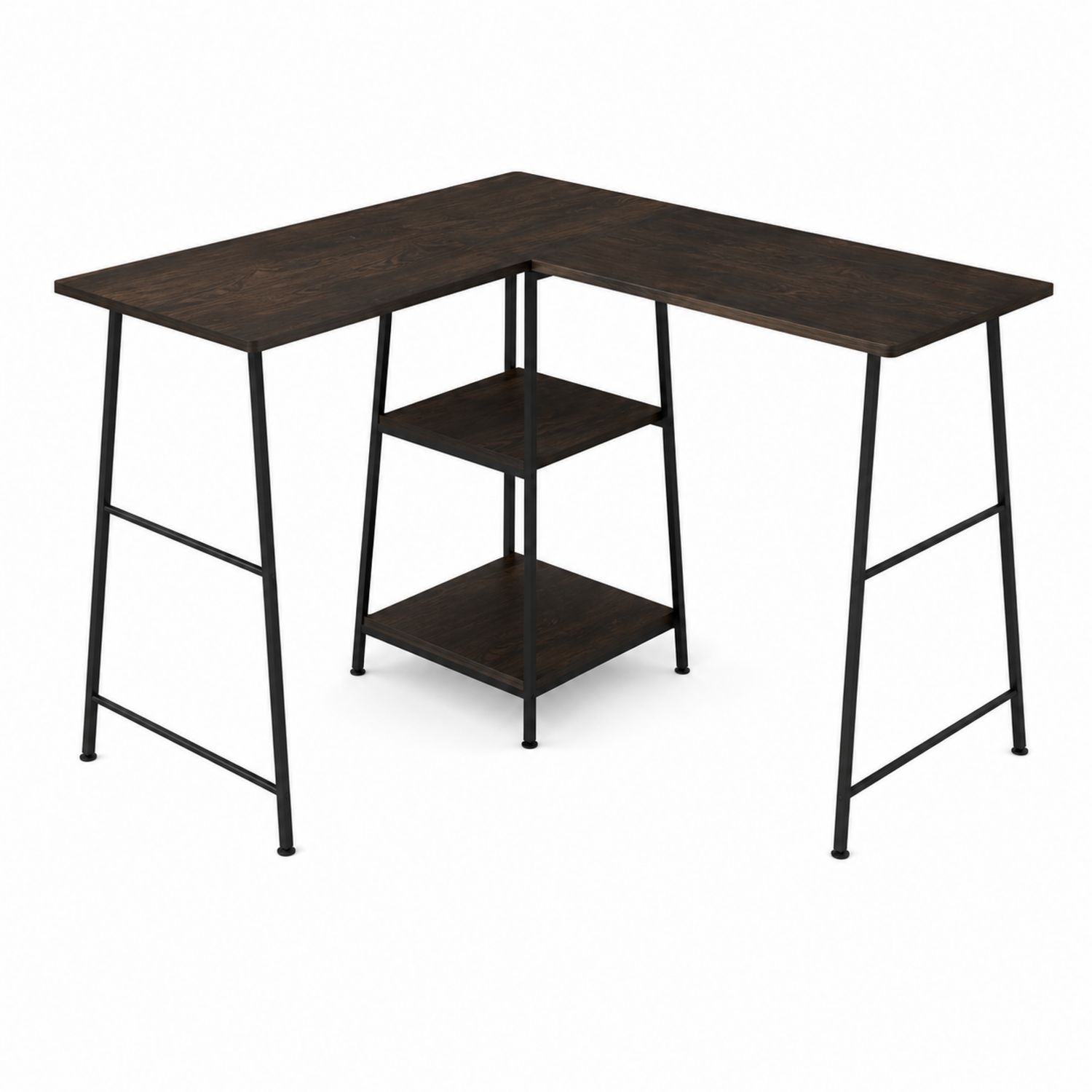Bureau d'angle en L avec étagères, bois et métal, Marron Foncé