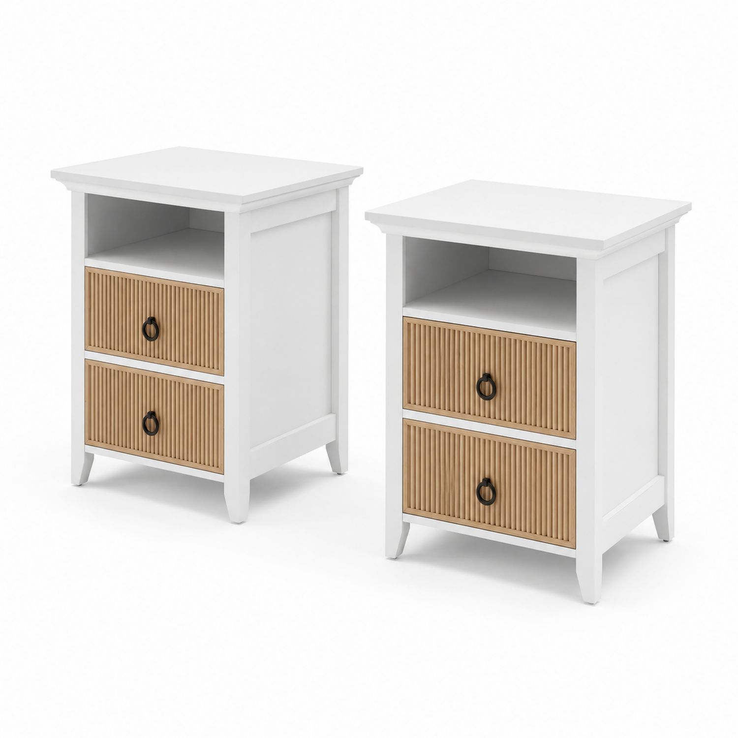 Ensemble de 2 tables de chevet en bois blanc et chêne avec tiroirs à rainures