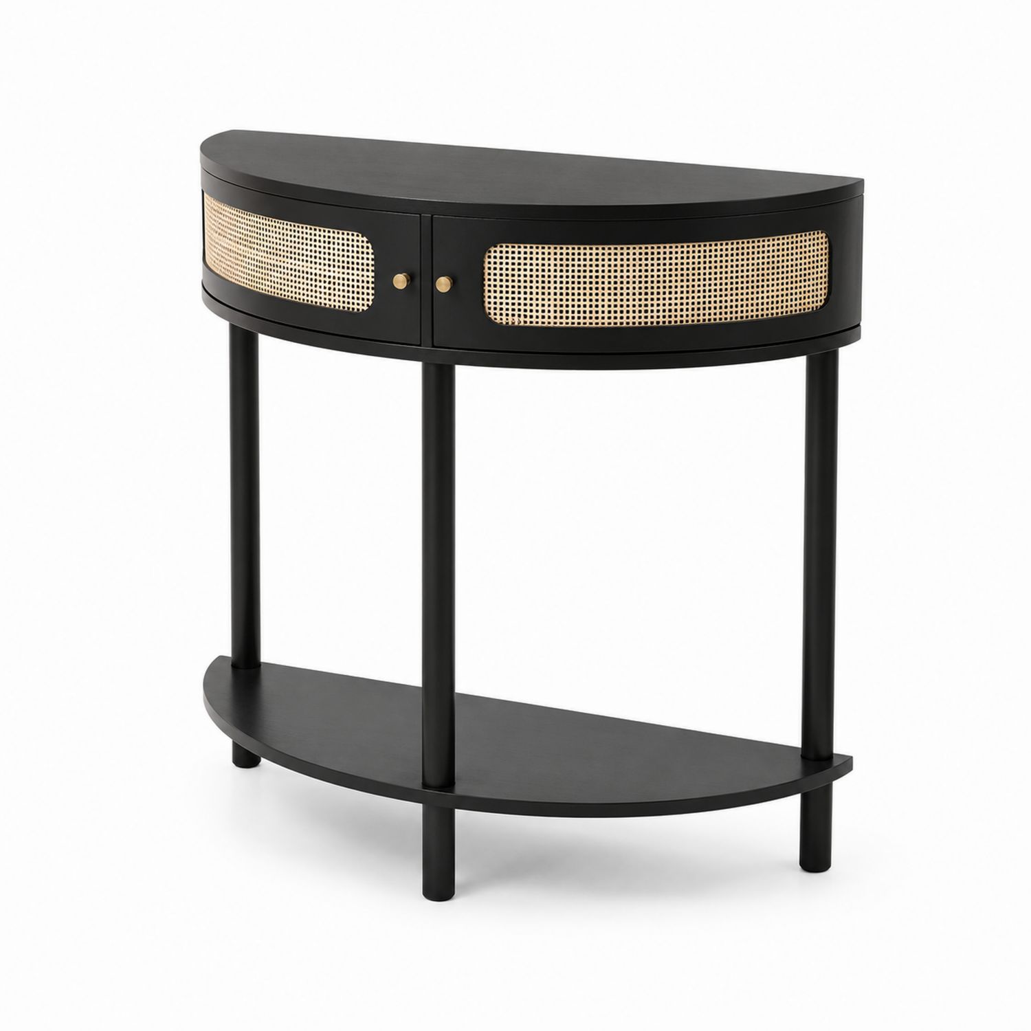Console demi-lune en bois noir et rotin