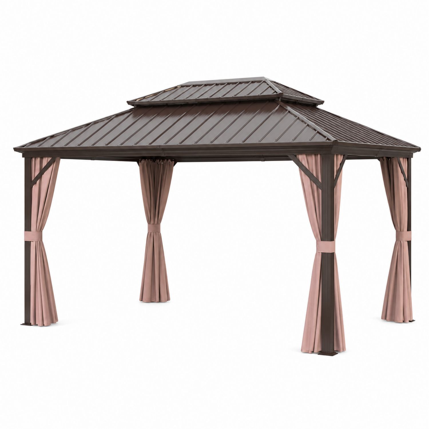 Tonnelle de jardin en métal avec toit et rideaux marron/rose