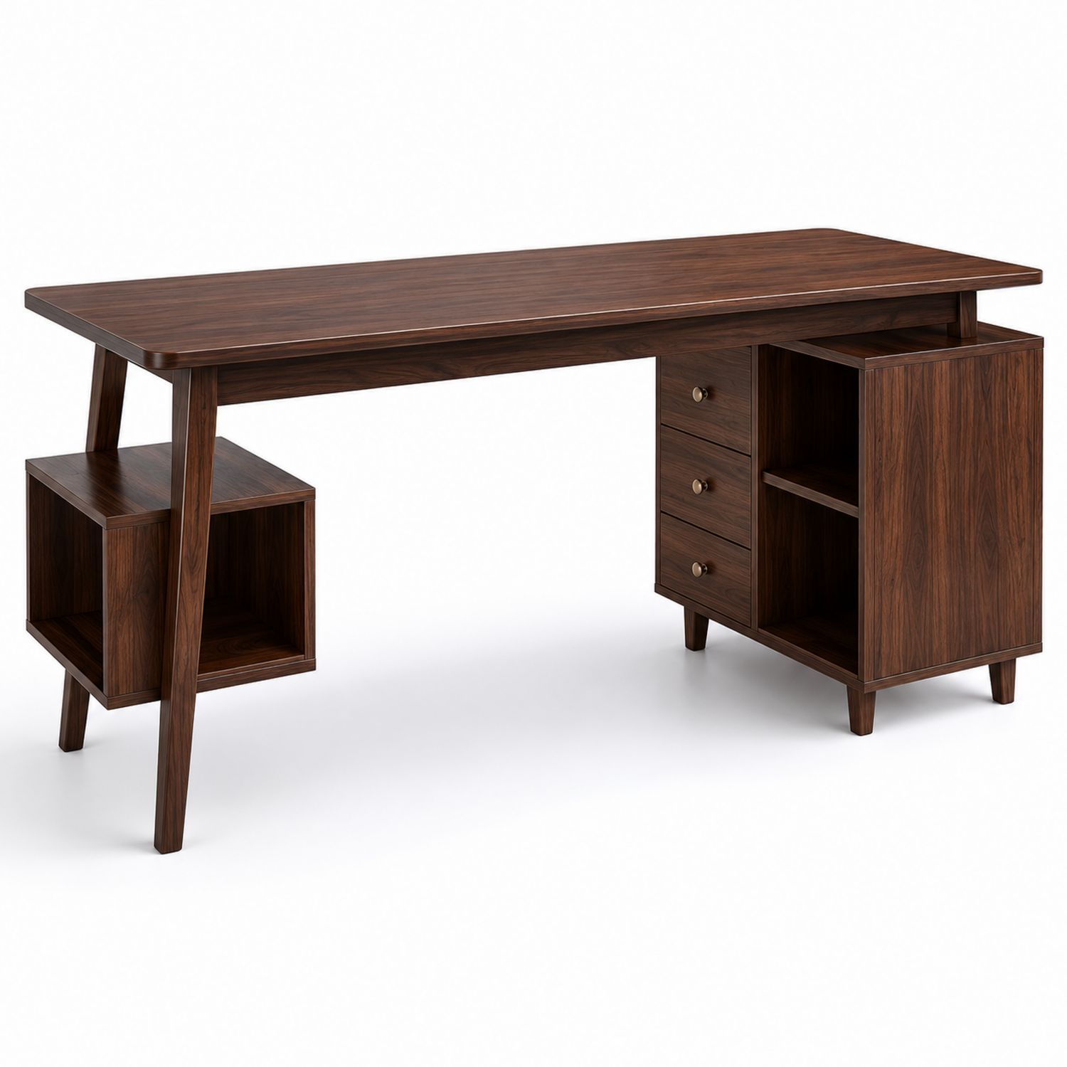 Bureau rectangulaire en bois avec tiroirs et étagères 150x60x75 cm Noyer