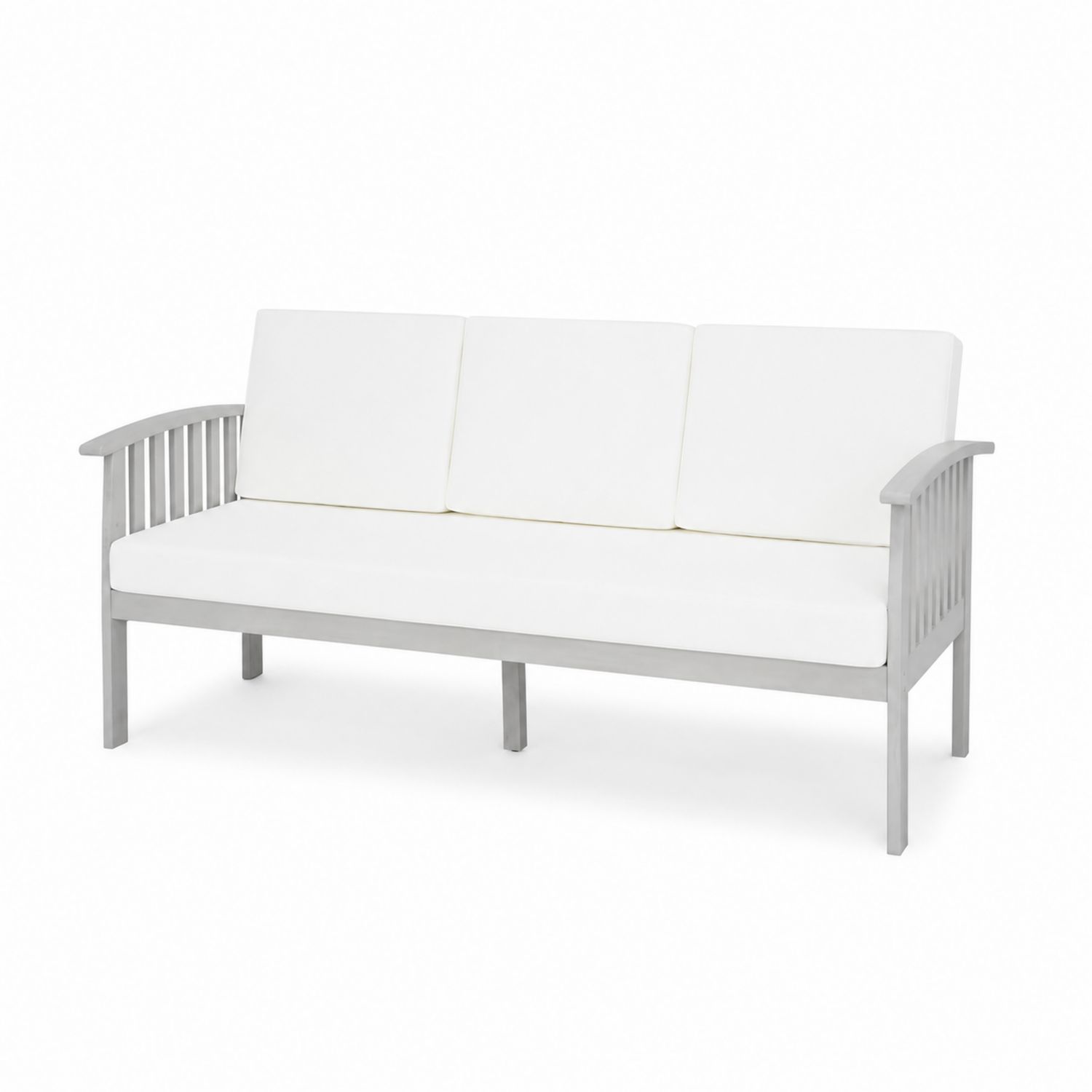 Banc d'extérieur en bois avec coussins blancs
