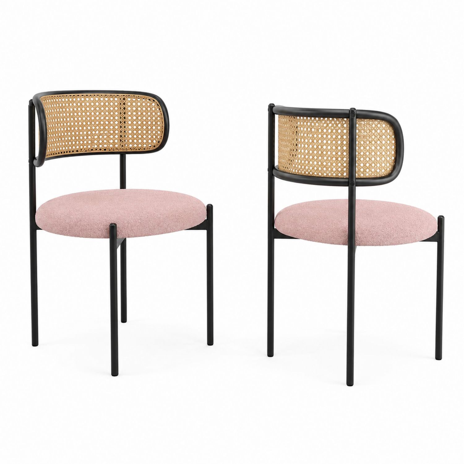 Chaises en rotin et tissu rose avec cadre en métal noir, lot de 2