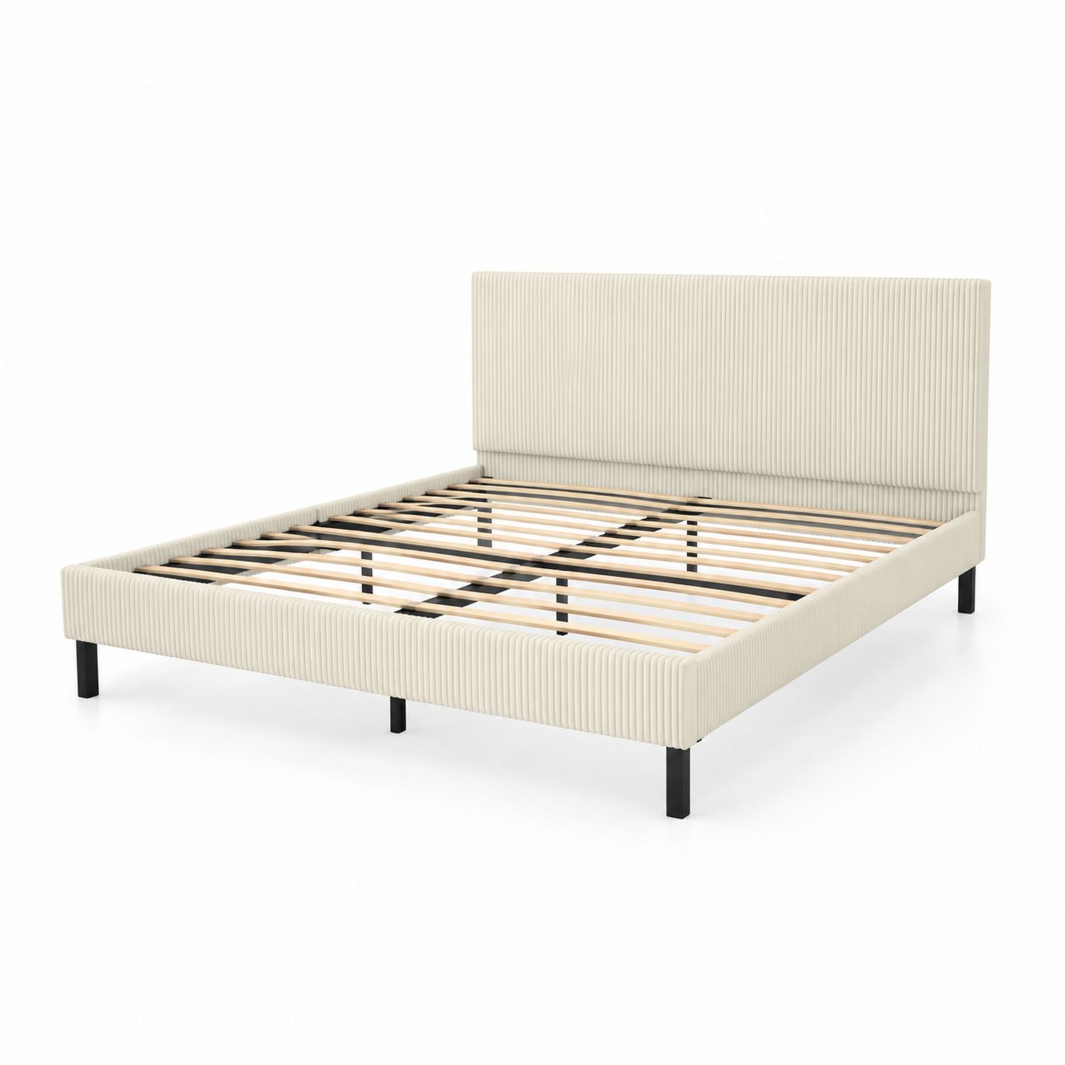 Lit double en bois avec tissu côtelé et pieds en métal Crème