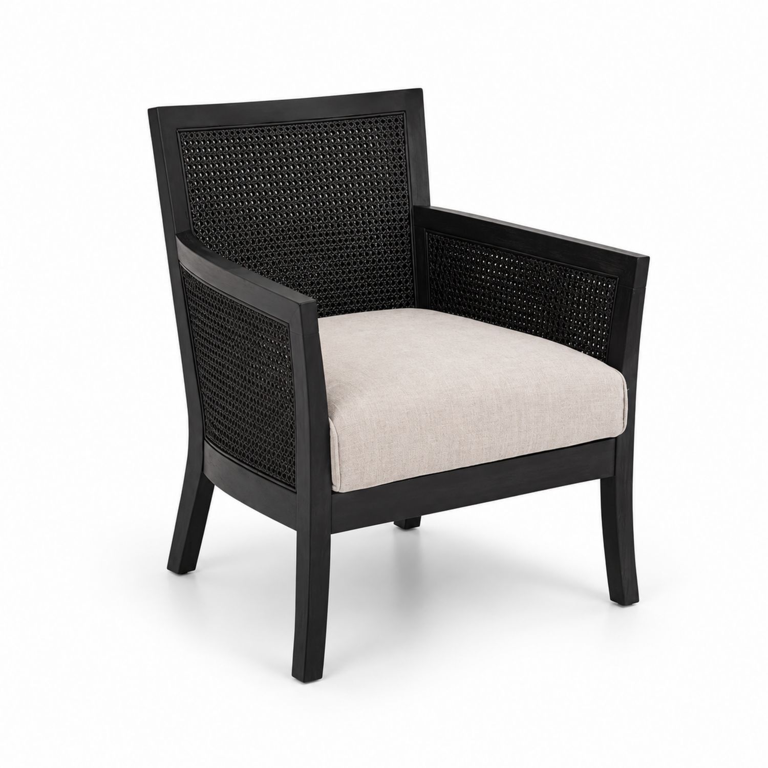Fauteuil en bois noir avec assise en lin beige