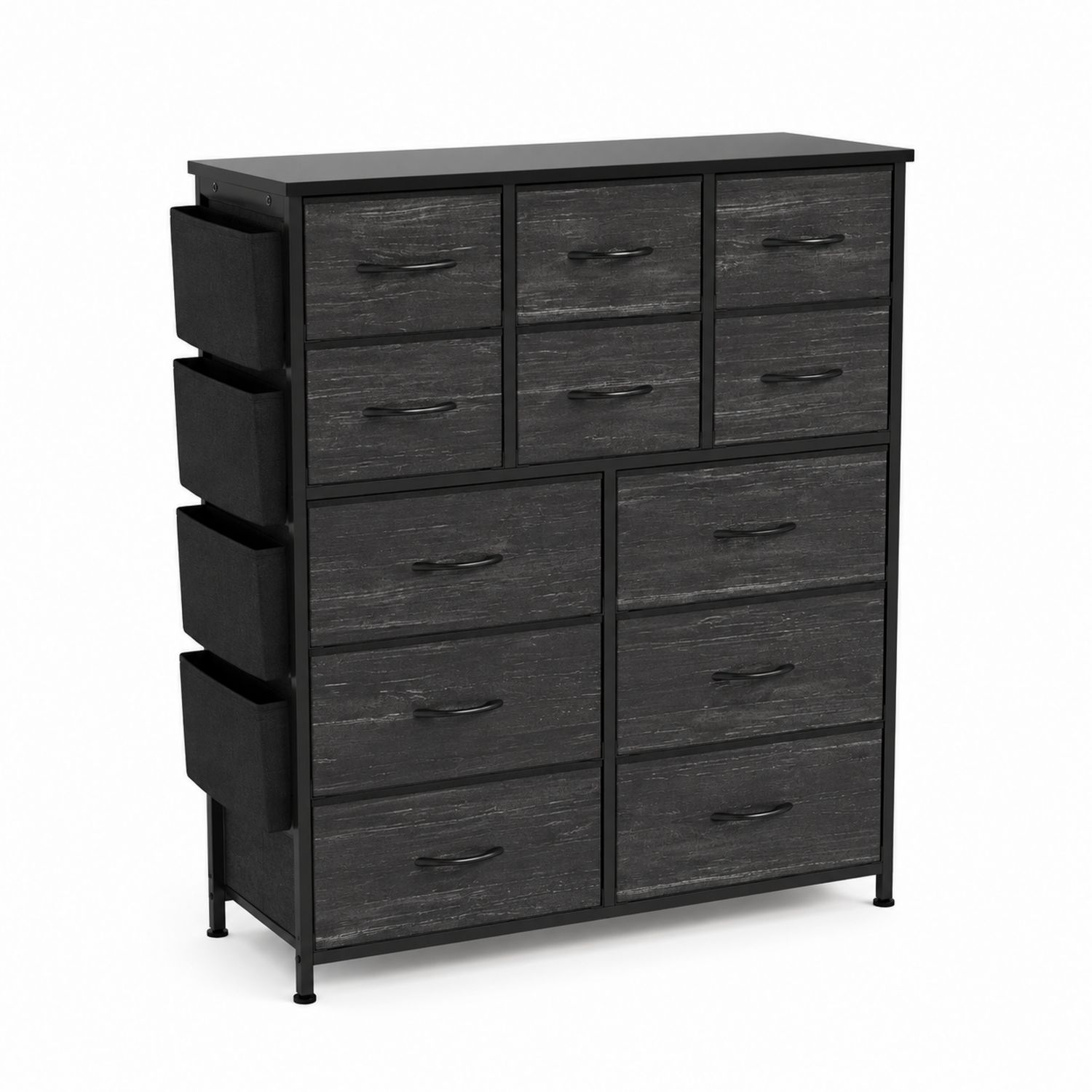 Commode en métal avec tiroirs en tissu noir et poches latérales