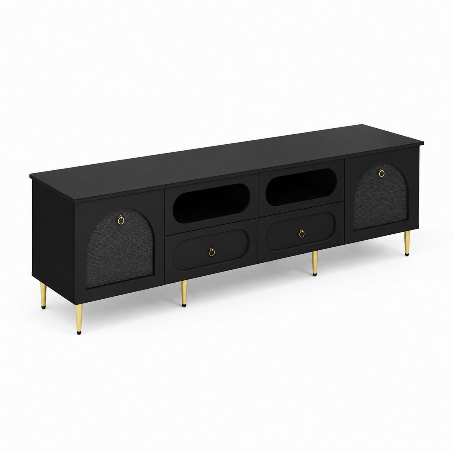 Meuble TV en Bois MDF Noir avec Pieds Métal Dorés