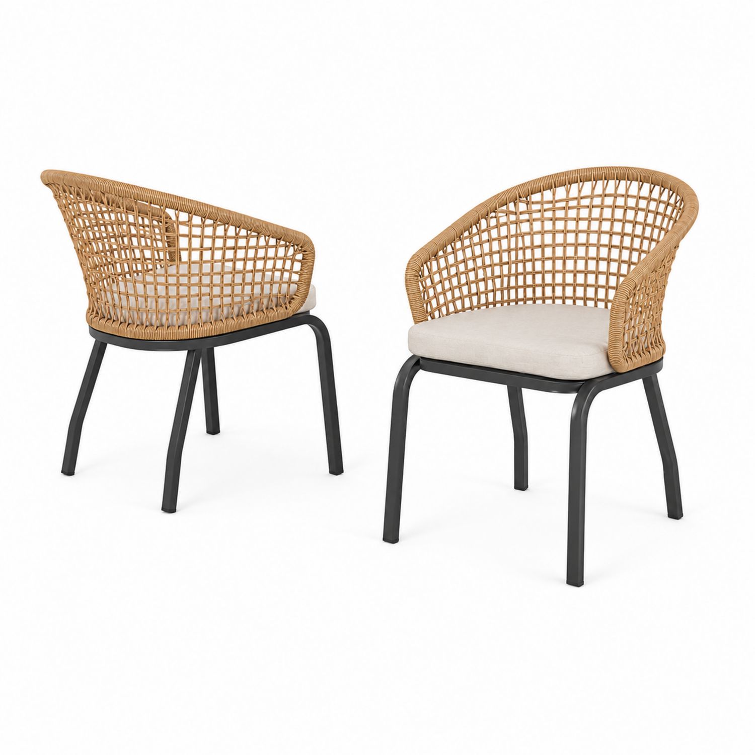 Lot de 2 chaises d'extérieur en rotin avec cadre en métal et coussin beige