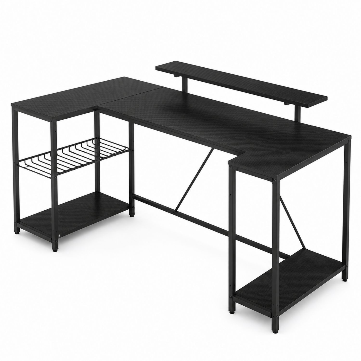 Bureau d'angle en métal noir avec étagère