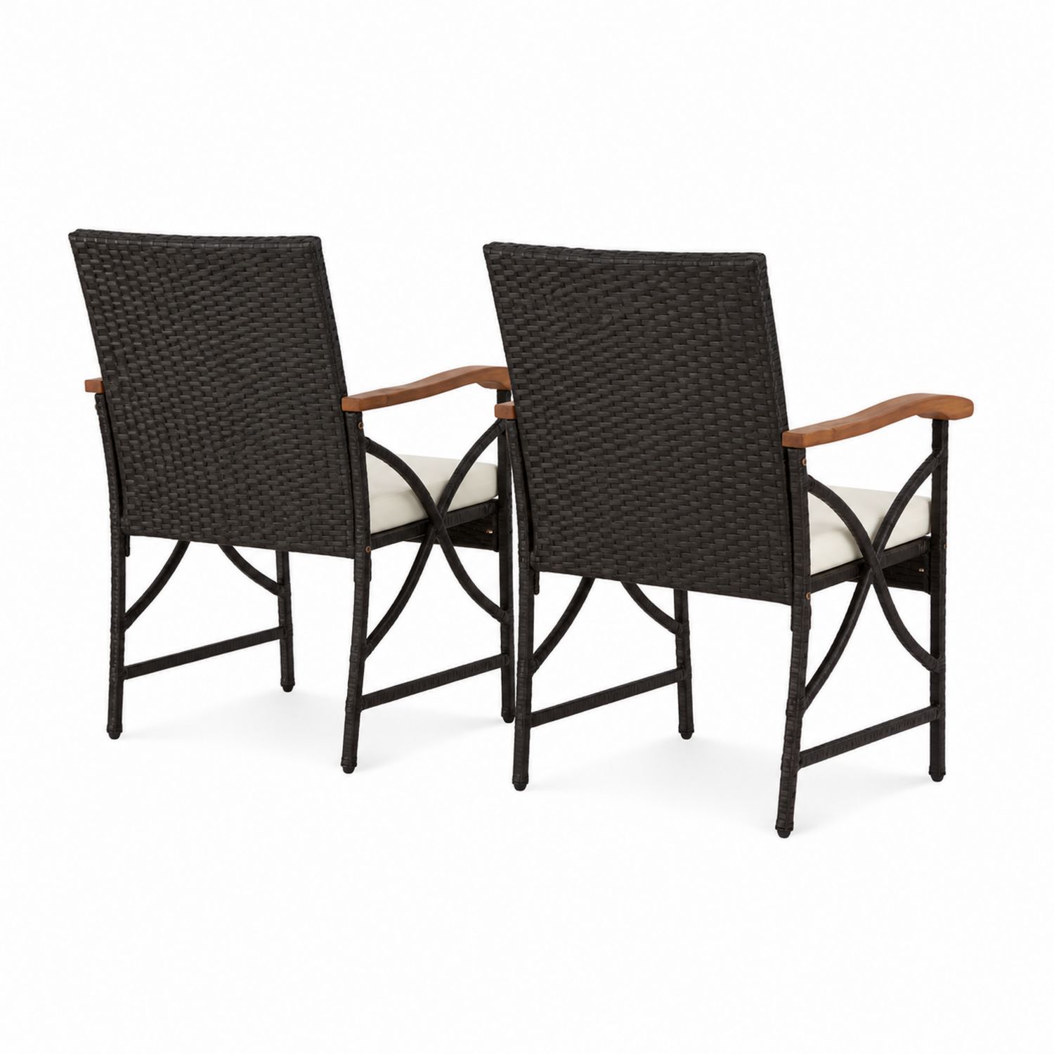Ensemble de 2 chaises d'extérieur en rotin avec accoudoirs en bois et coussins crème 55x60x90 cm