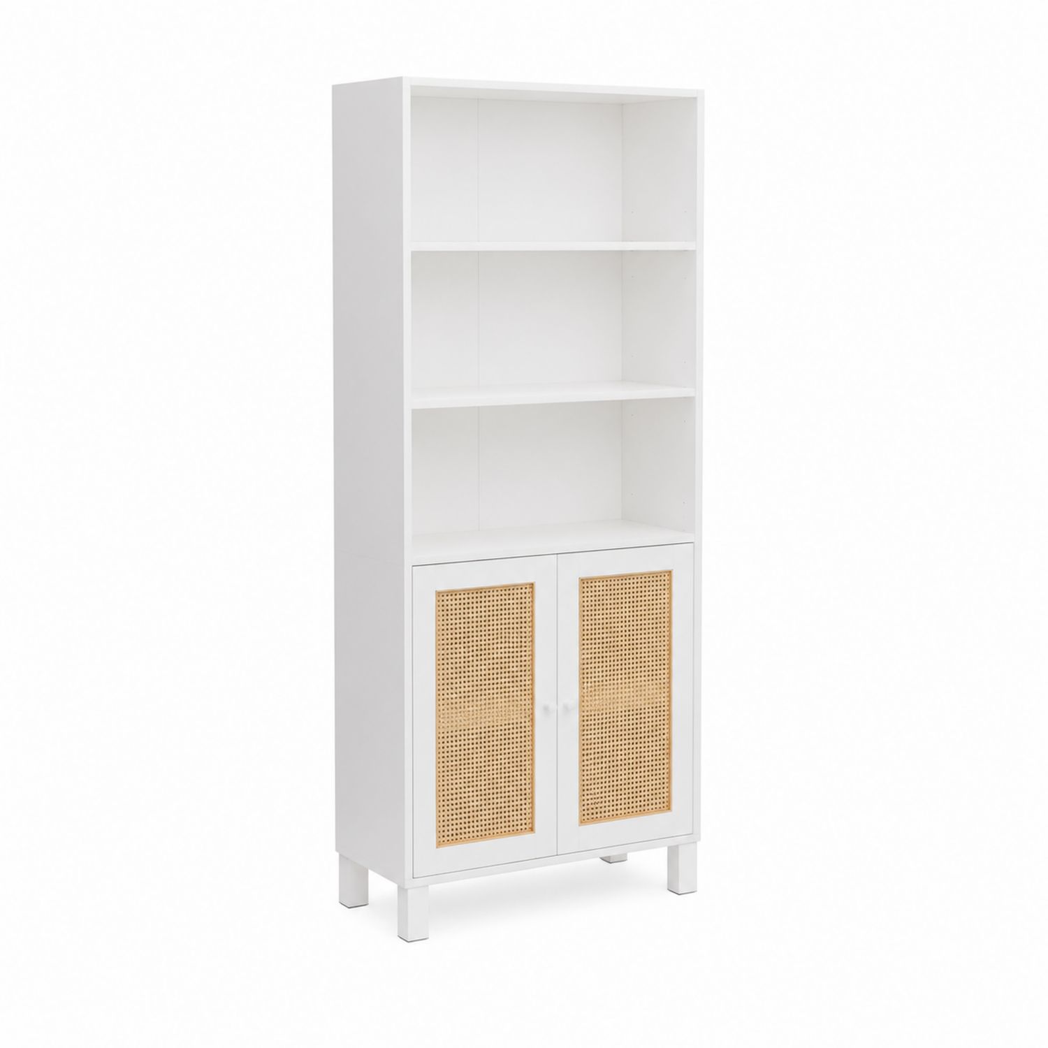 Bibliothèque haute en bois et rotin Blanc