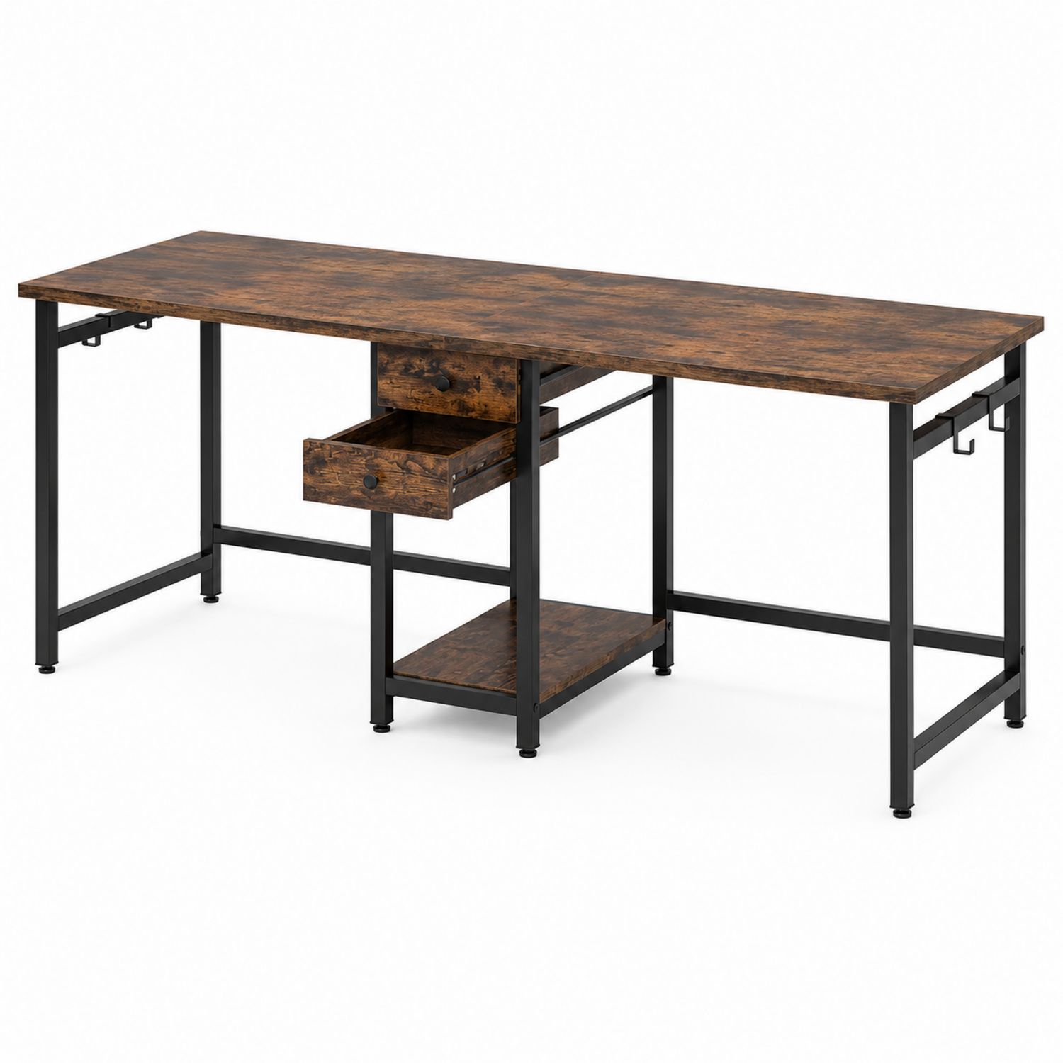 Bureau Rectangulaire en Bois et Métal avec Tiroir et Rayonnage 160x60x75 cm
