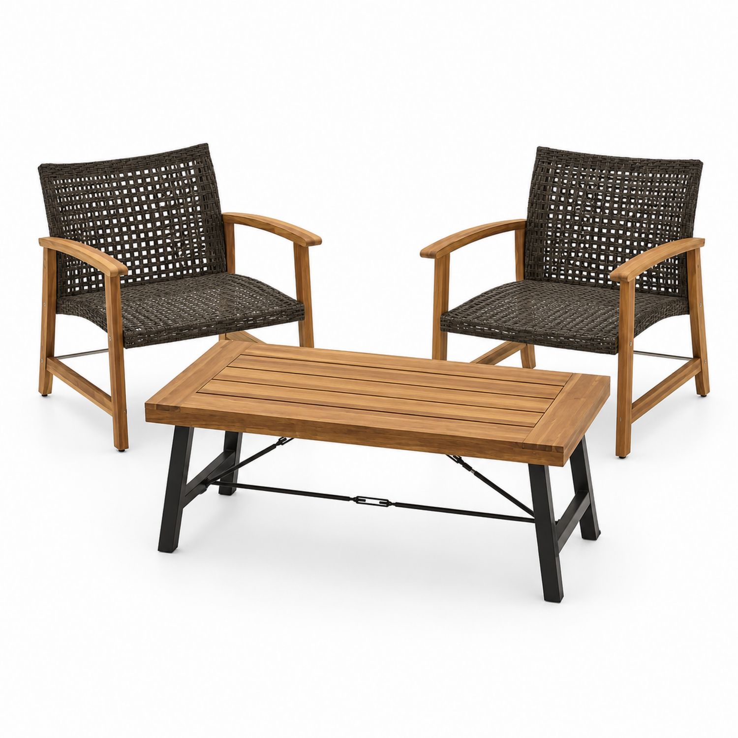 Ensemble Table en Bois et Métal avec 2 Fauteuils en Résine Tressée