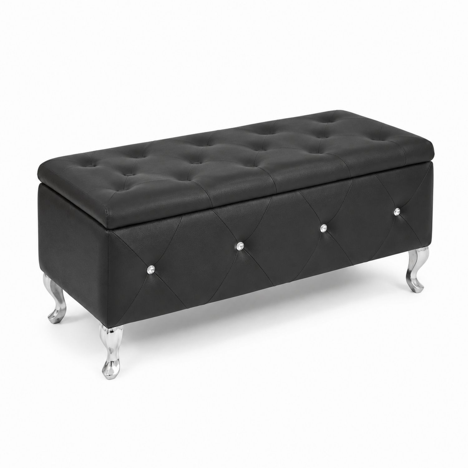 Banc de rangement en cuir synthétique noir avec pieds en métal