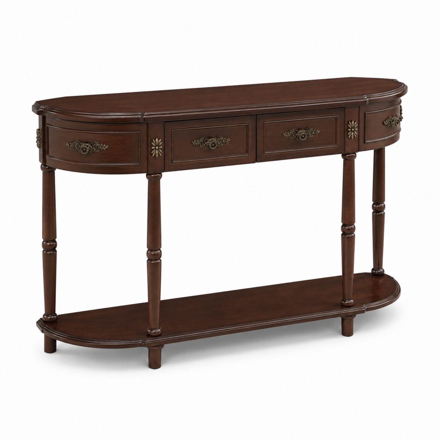 Console demi-lune en bois avec tiroirs et étagère