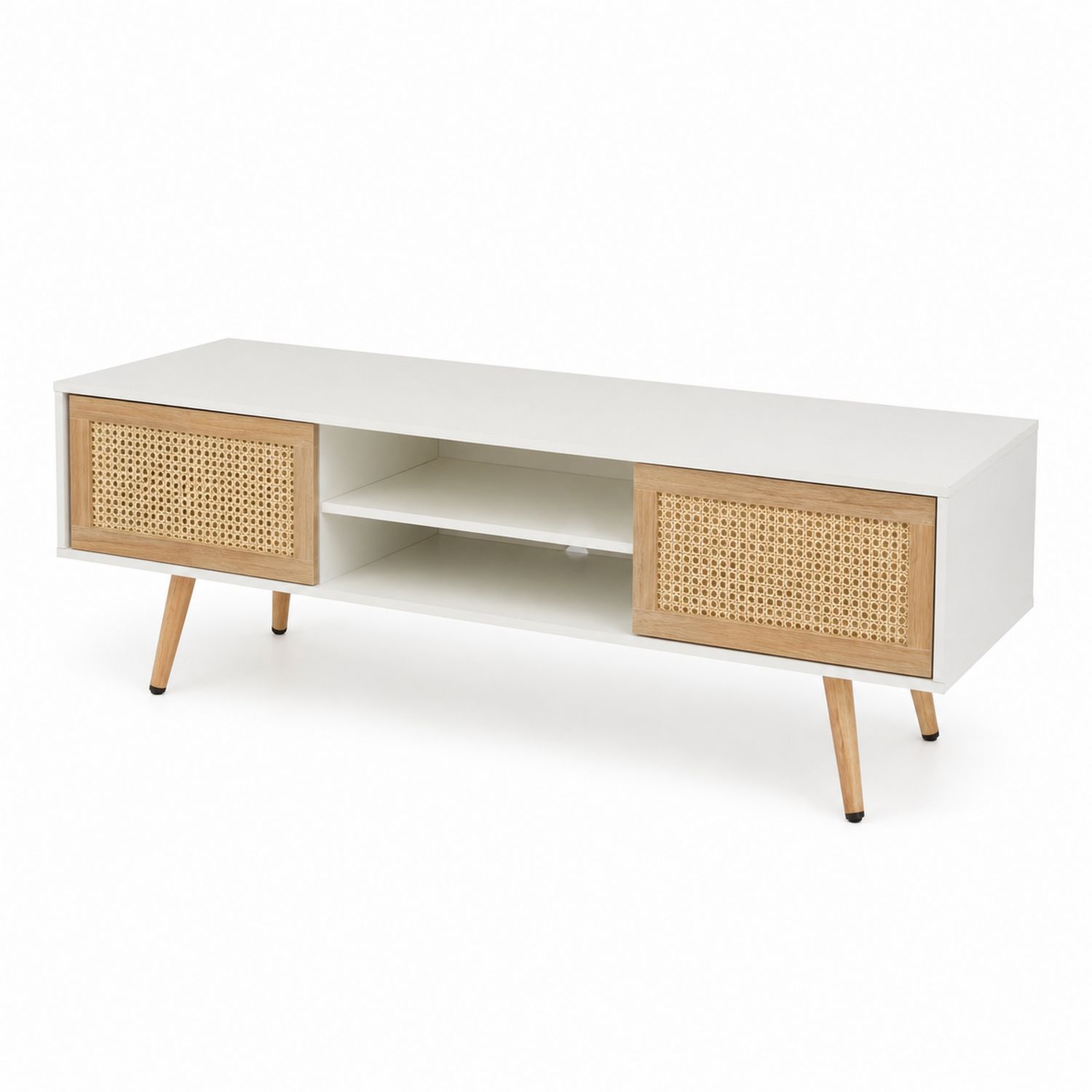 Meuble TV rectangulaire bois 120 cm avec portes en rotin blanc