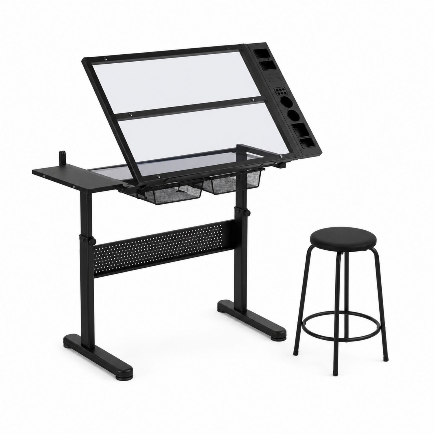 Table à dessin en verre avec tabouret