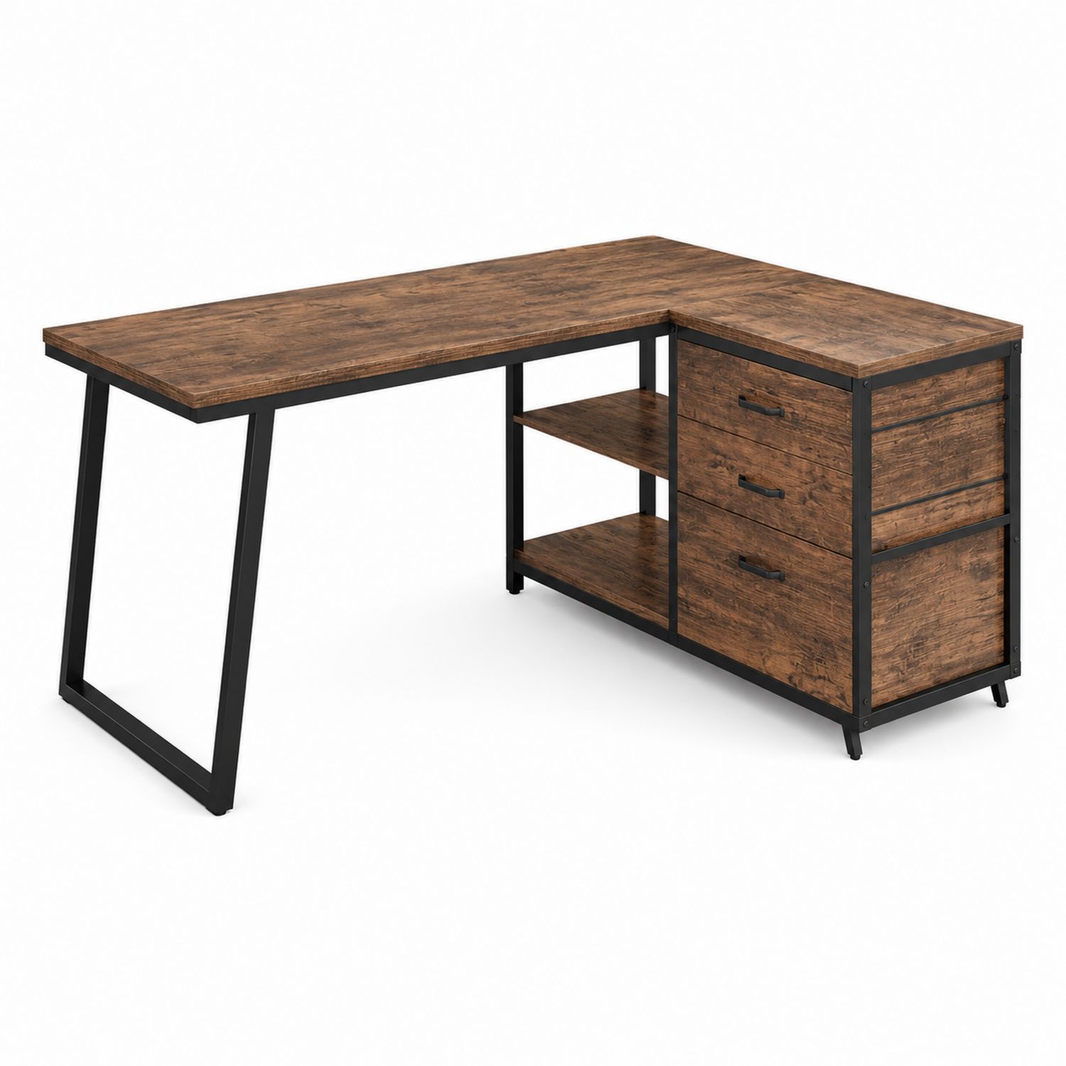 Bureau d'angle en L en bois et métal avec étagères et tiroirs