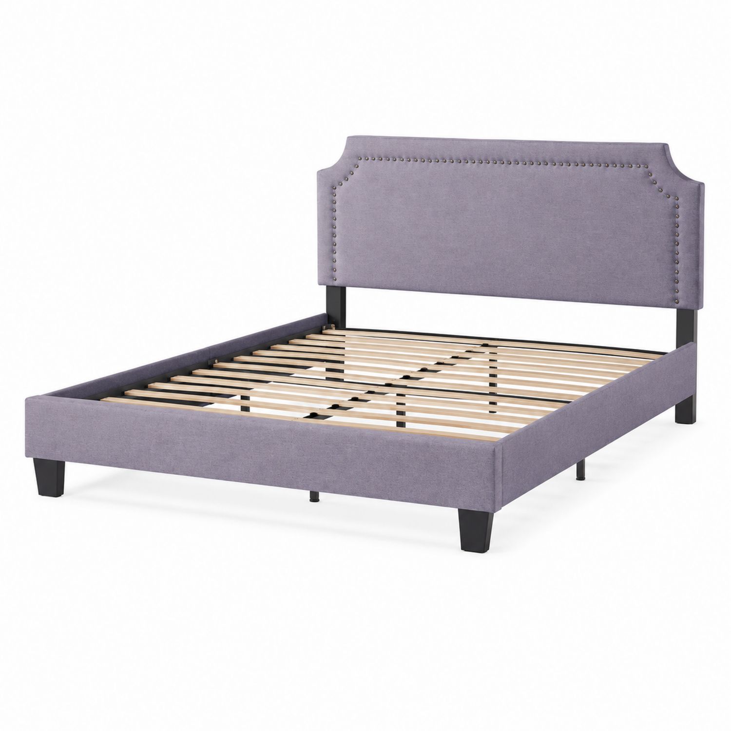 Lit double en tissu violet avec tête de lit cloutée, 200x160 cm