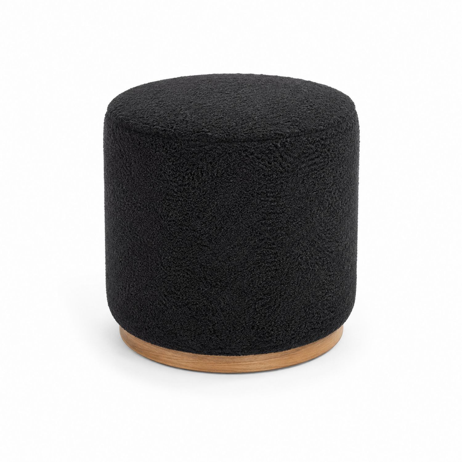 Pouf rond en tissu bouclé noir avec base en bois