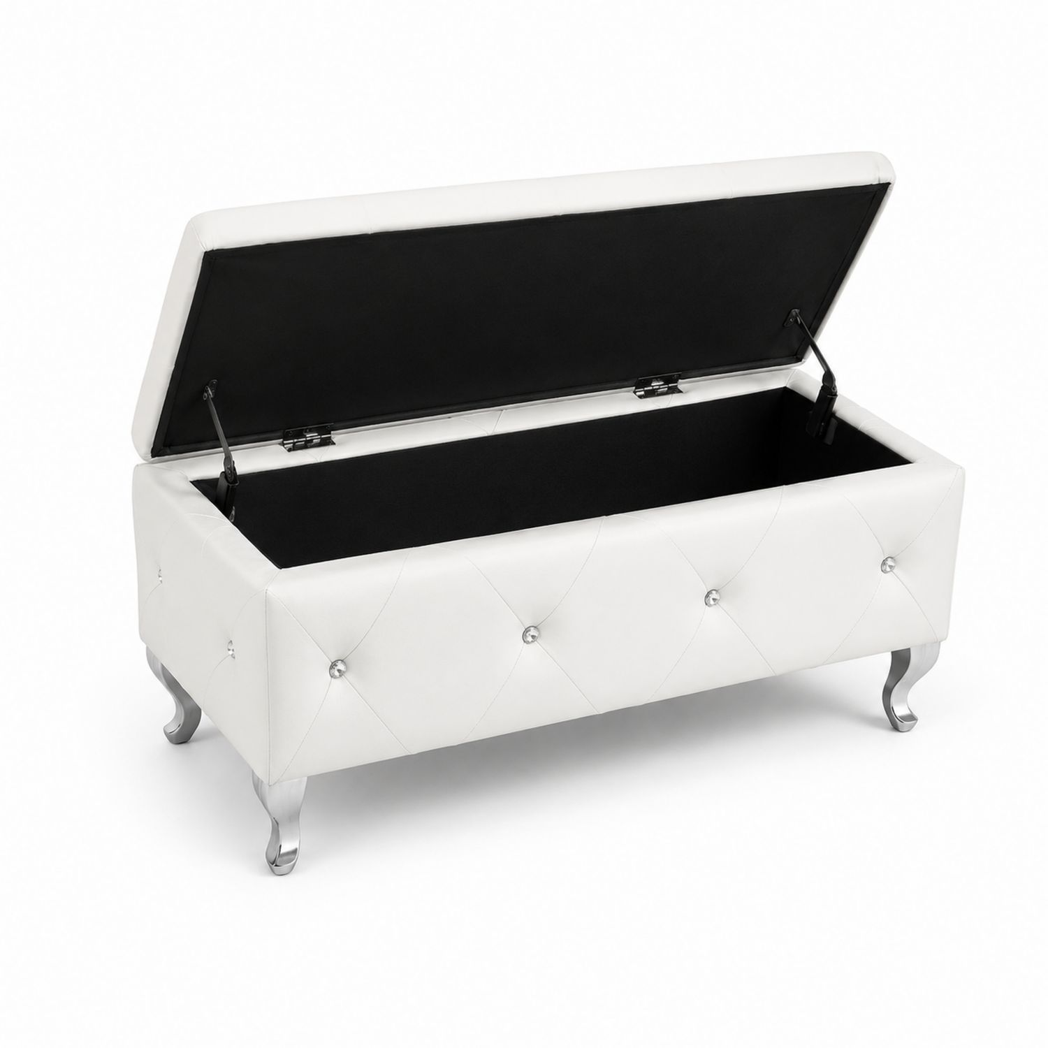 Banc de rangement en cuir synthétique blanc avec pieds en métal chromé
