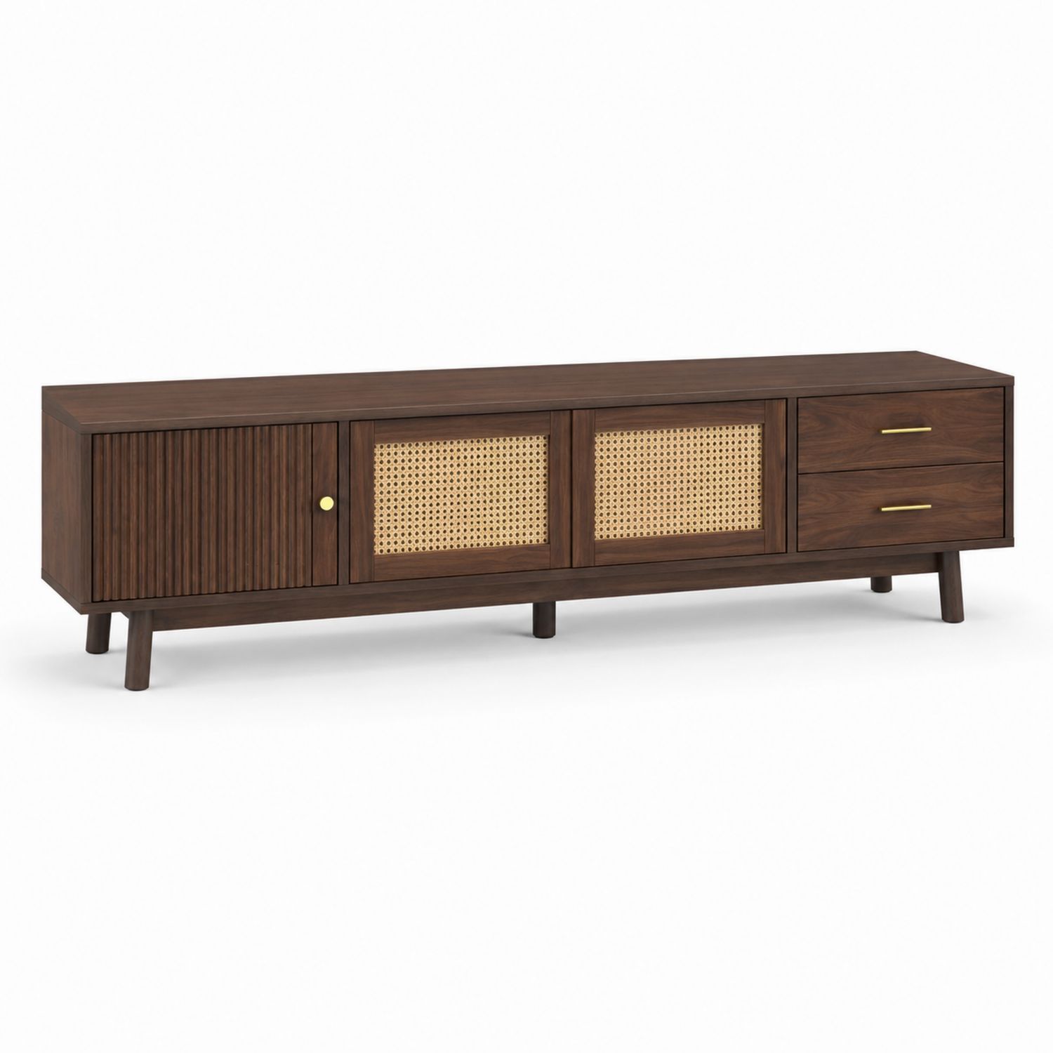 Meuble TV en bois avec portes en rotin et tiroirs