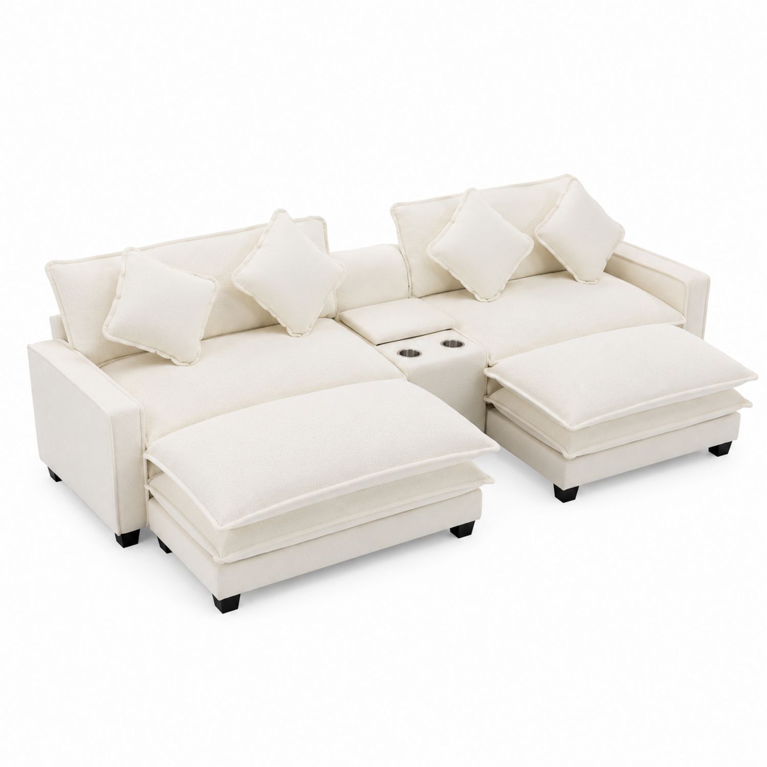 Canapé d'Angle en Tissu Beige avec Repose-pieds et Porte-gobelets