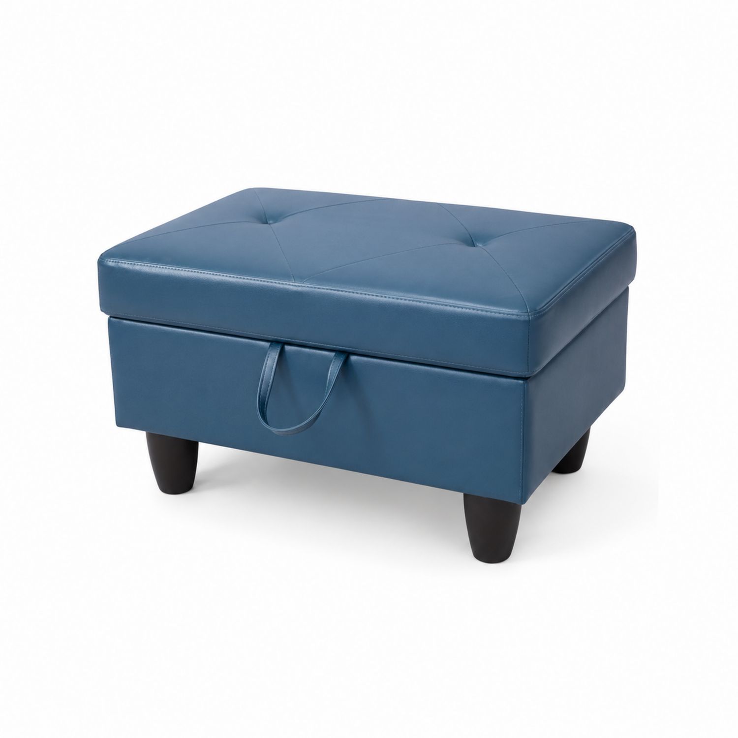 Pouf rectangulaire en cuir synthétique bleu avec pieds en bois