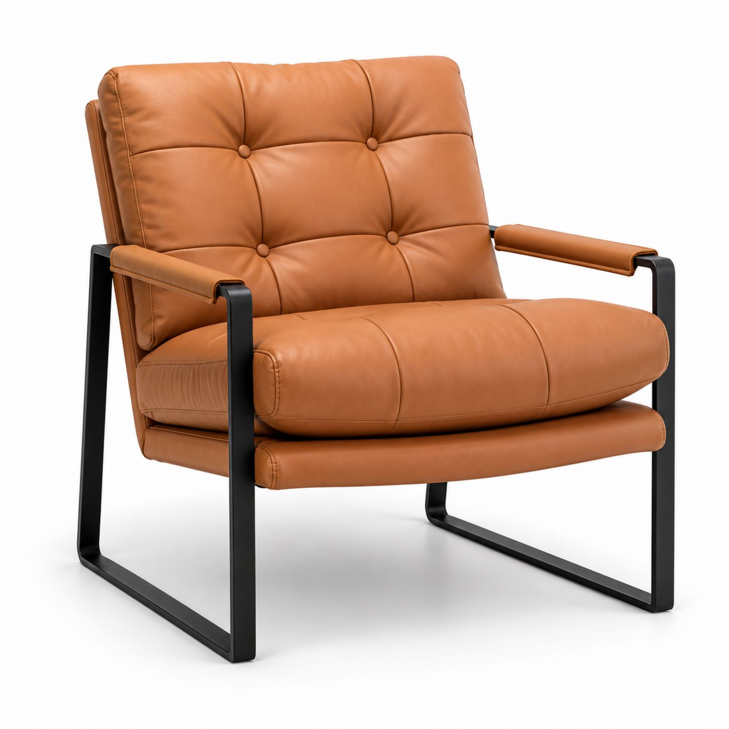 Fauteuil en cuir brun avec structure en métal noir