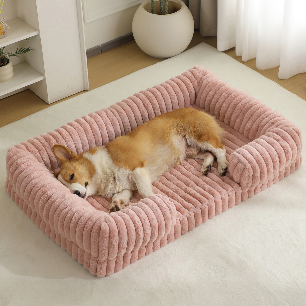 Luxury Corduroy Orthopedic Dog Bed Sofa | Ultra-Soft Striped Plush Pet Couch with Breathable Bolster for Small Medium Dogs & Cats