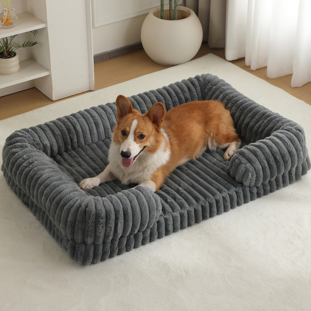 Luxury Corduroy Orthopedic Dog Bed Sofa | Ultra-Soft Striped Plush Pet Couch with Breathable Bolster for Small Medium Dogs & Cats