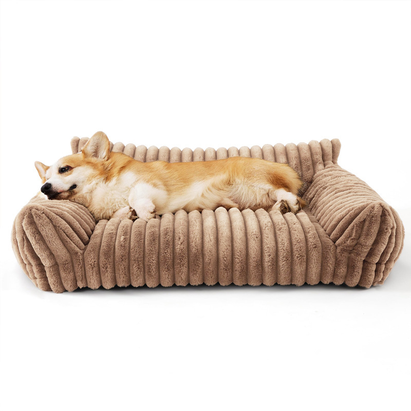 Luxury White Corduroy Cat Sofa Bed | Cozy Striped Plush Pet Couch with Anxiety-Relief Bolster Support for Cats & Dogs