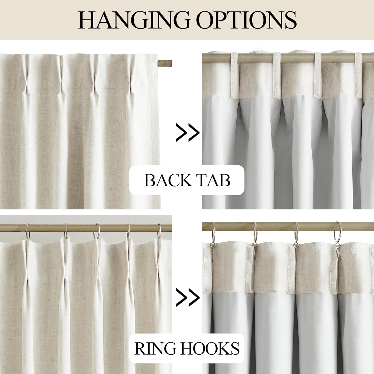 Natural Pinch Pleated Full Blackout Curtains Linen for Living Room Bedroom Thermal Insulated Pinch Pleat Drapes with Hooks 2 Panel 