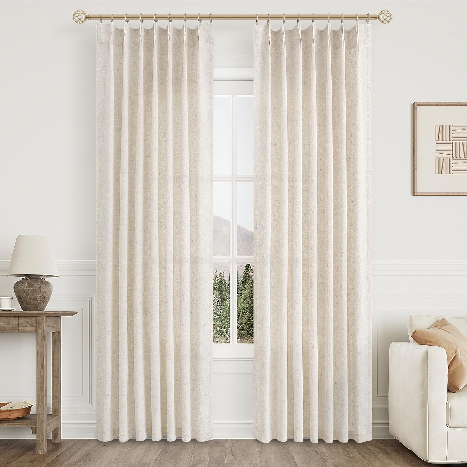 Linen Pinch Pleated Curtains  2 Panels Set Sheer Window Curtain for Bedroom Back Tab Drape Decor with Hooks,