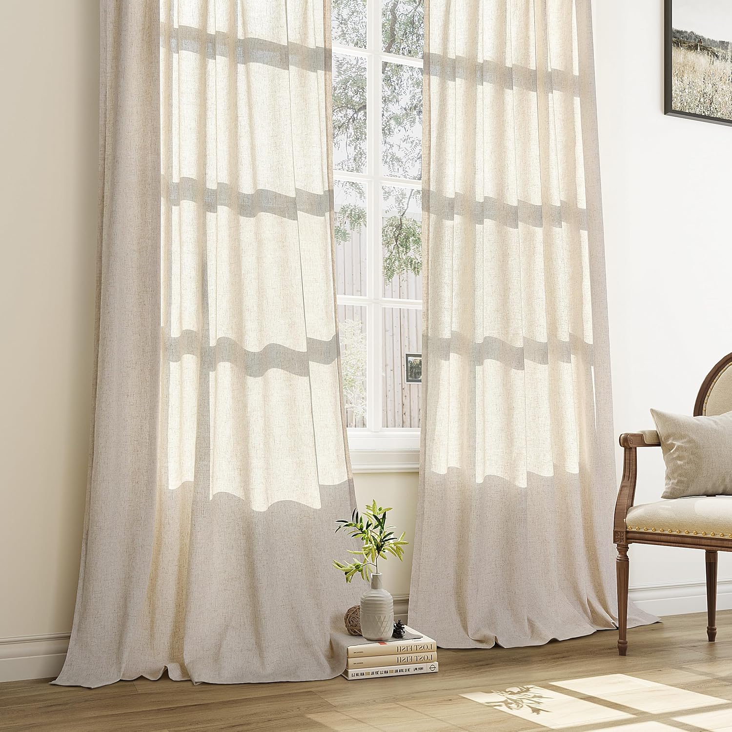 Linen Pinch Pleated Curtains  2 Panels Set Sheer Window Curtain for Bedroom Back Tab Drape Decor with Hooks,