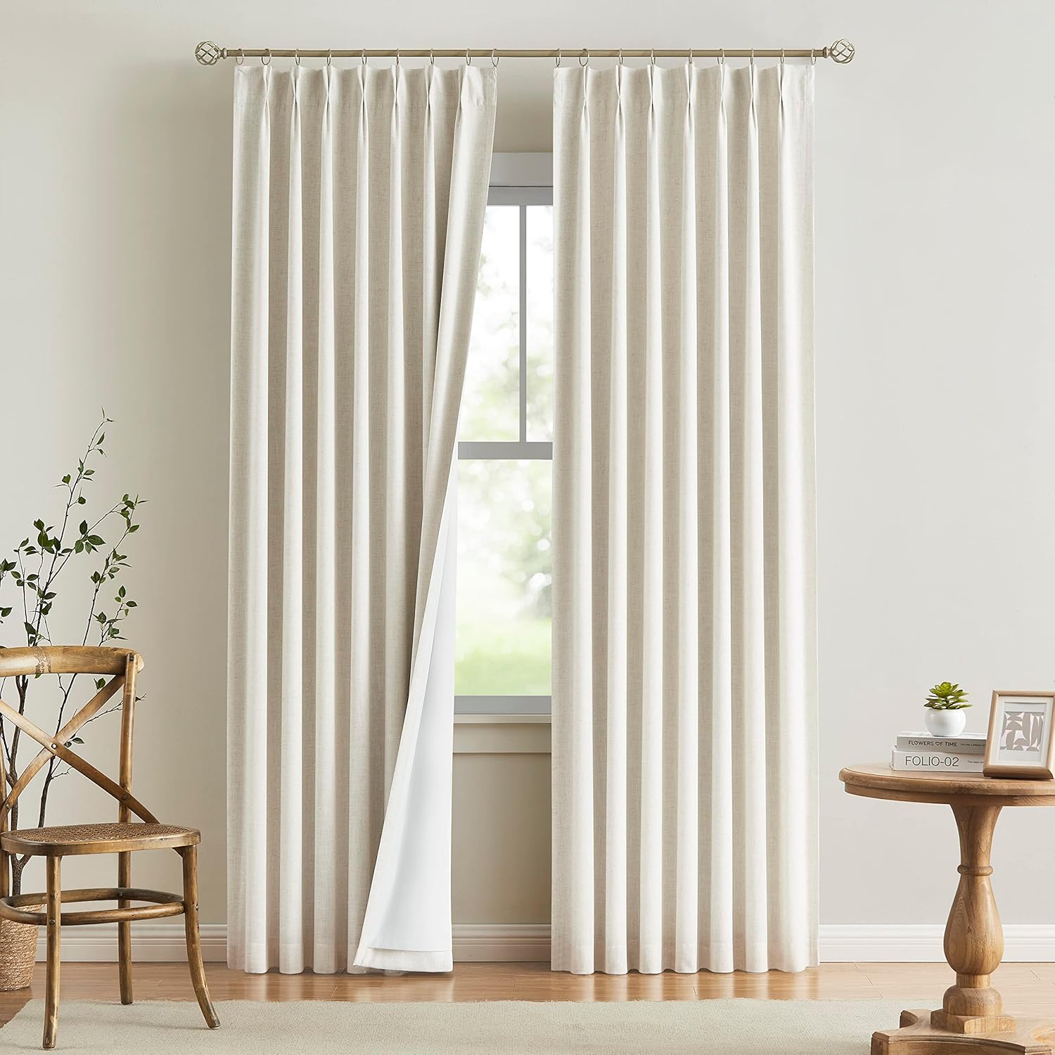 Natural Pinch Pleated Full Blackout Curtains Linen for Living Room Bedroom Thermal Insulated Pinch Pleat Drapes with Hooks 2 Panel 