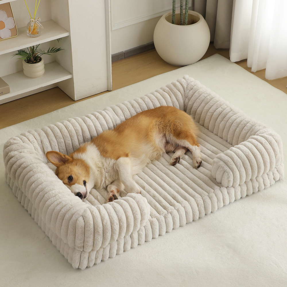 Luxury Corduroy Orthopedic Dog Bed Sofa | Ultra-Soft Striped Plush Pet Couch with Breathable Bolster for Small Medium Dogs & Cats