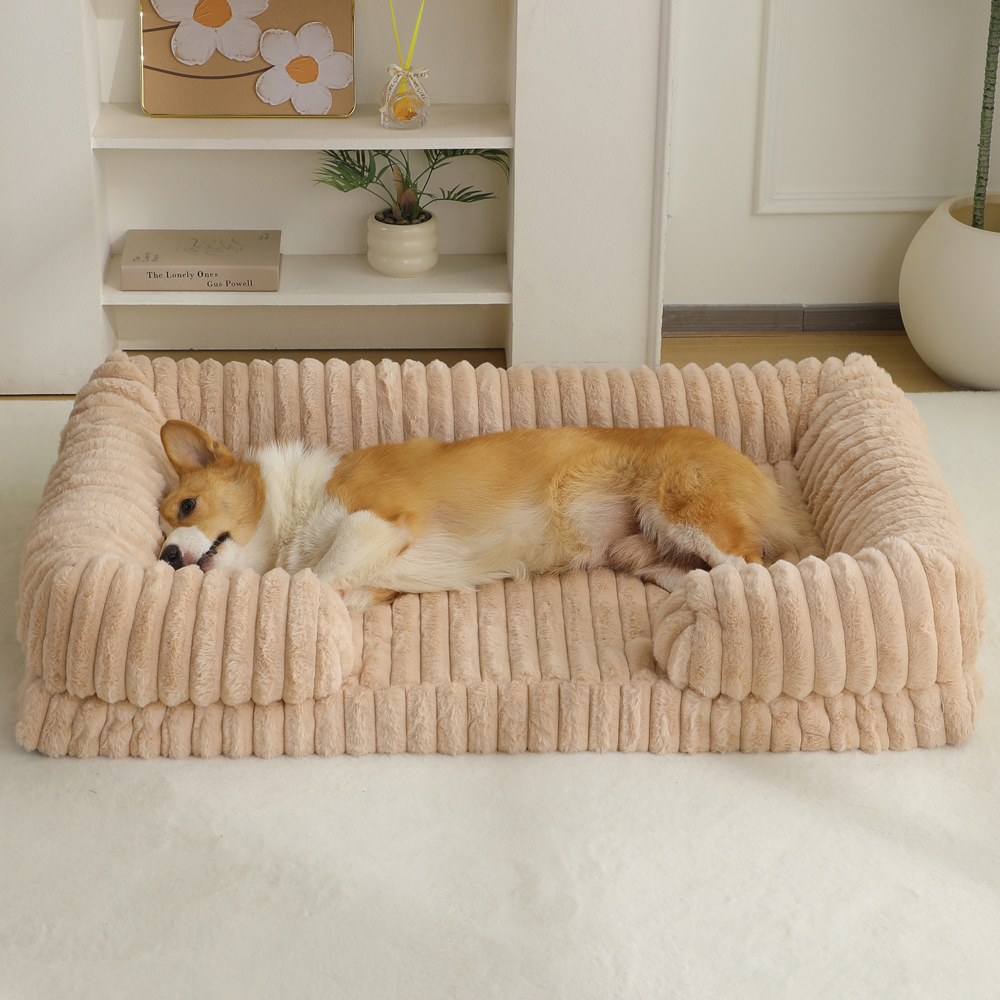 Luxury Corduroy Orthopedic Dog Bed Sofa | Ultra-Soft Striped Plush Pet Couch with Breathable Bolster for Small Medium Dogs & Cats