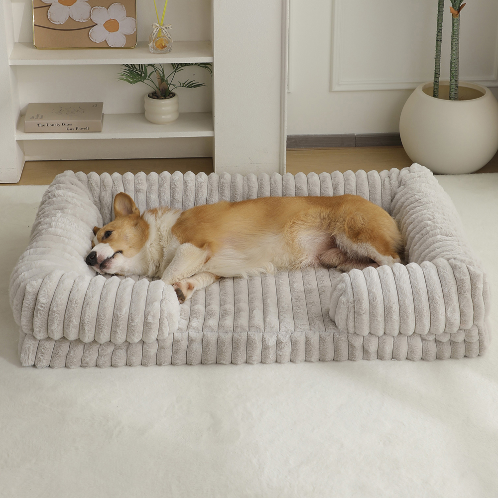 Luxury Corduroy Orthopedic Dog Bed Sofa | Ultra-Soft Striped Plush Pet Couch with Breathable Bolster for Small Medium Dogs & Cats