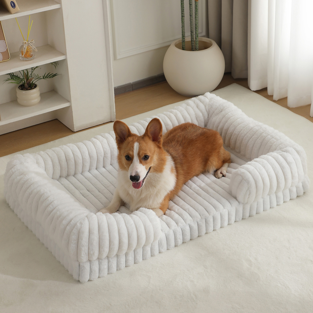 Luxury Corduroy Orthopedic Dog Bed Sofa | Ultra-Soft Striped Plush Pet Couch with Breathable Bolster for Small Medium Dogs & Cats