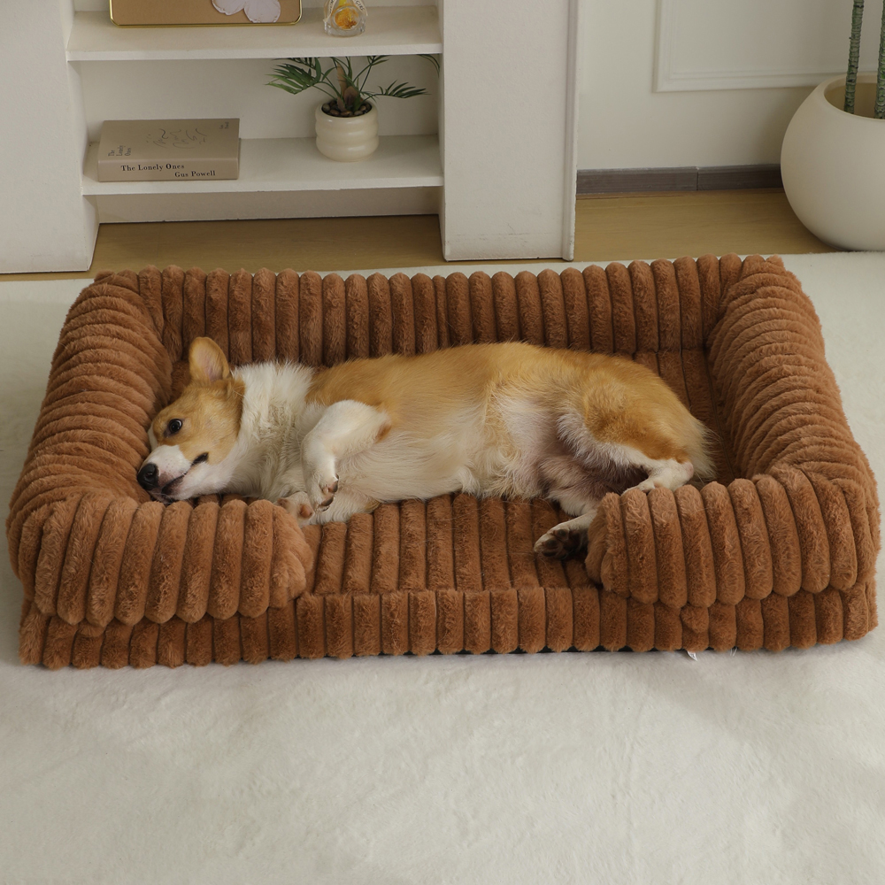 Luxury Corduroy Orthopedic Dog Bed Sofa | Ultra-Soft Striped Plush Pet Couch with Breathable Bolster for Small Medium Dogs & Cats