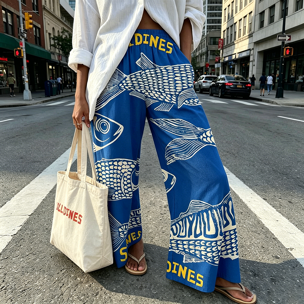 Vintage fish print casual pants