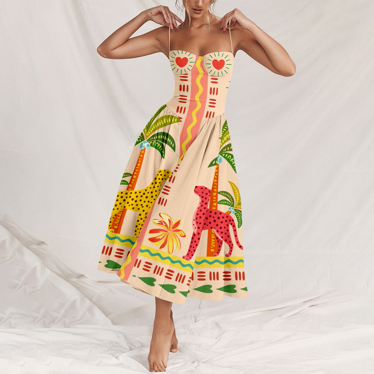Tropical Leopard & Palm Print Strapless Sundress 