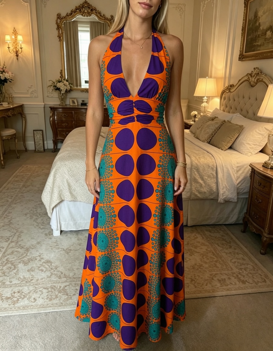 Retro geometric Print  Deep-V maxi Dress