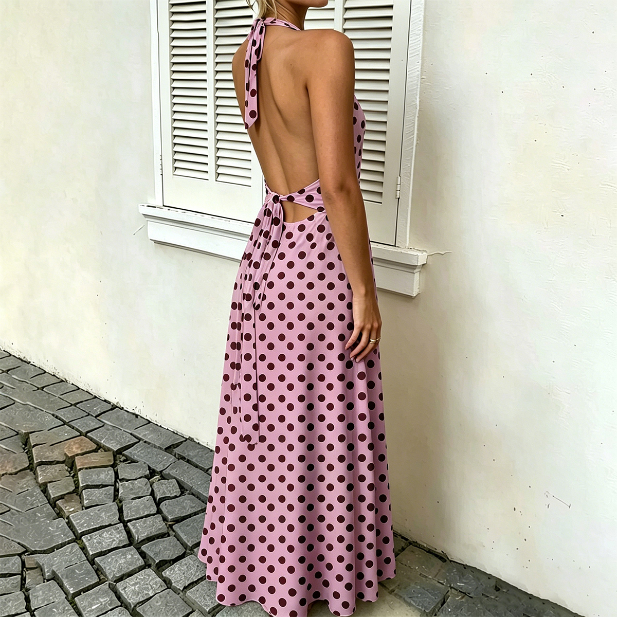 French Style Backless Polka-Dot Maxi Dress