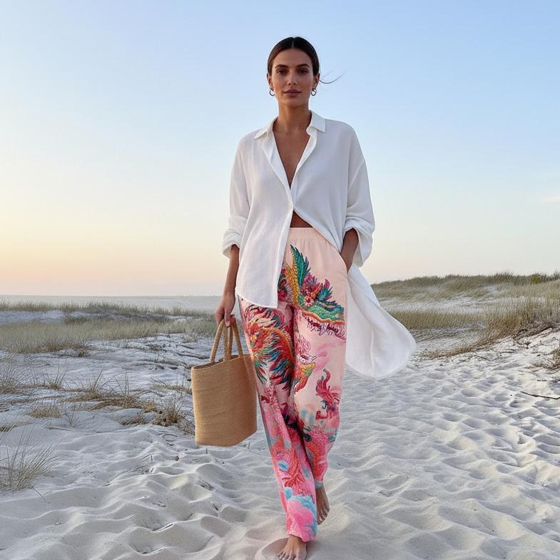 Oriental Tale Dragon Print Trousers