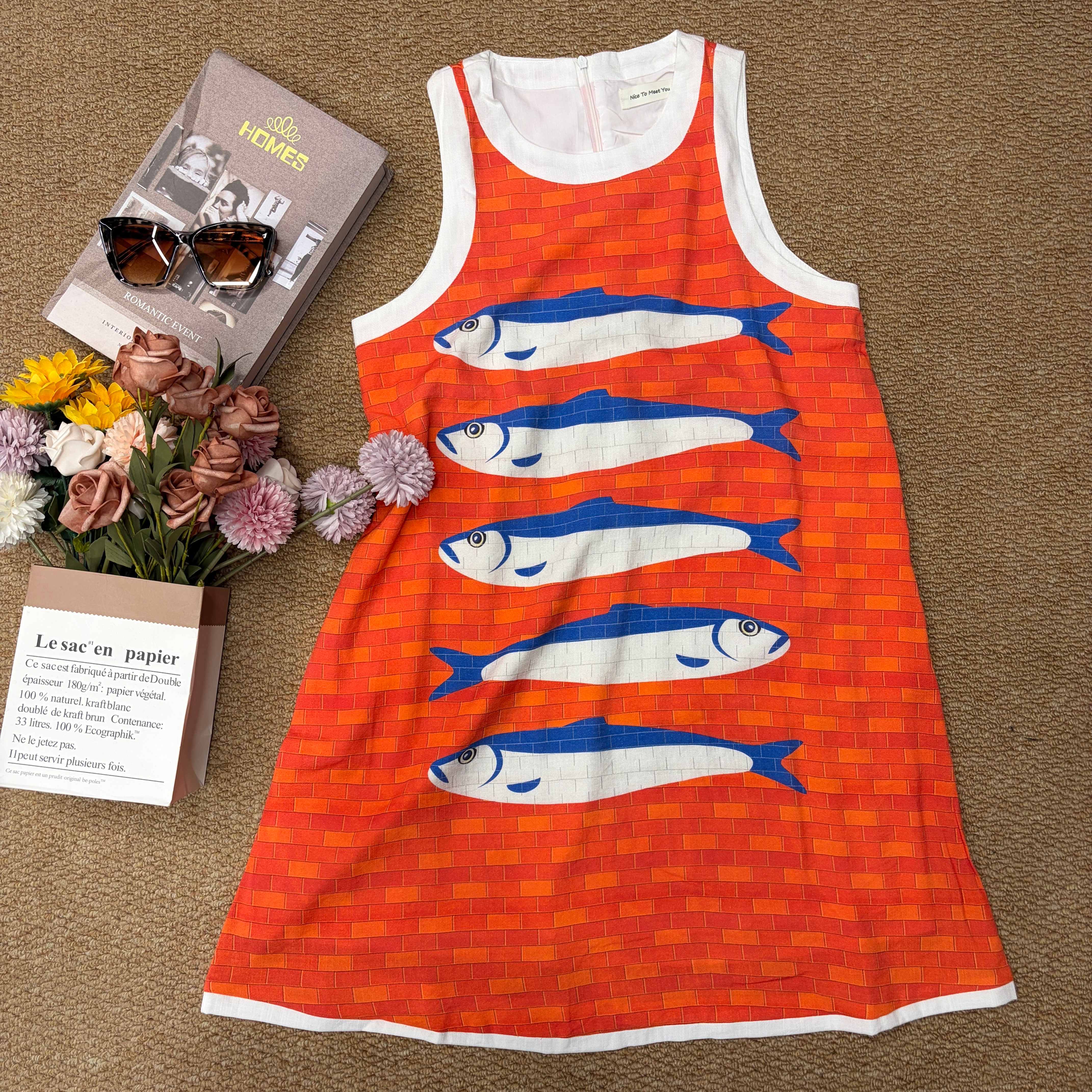 Abstract Fish Print Wave Edge Mini Dress