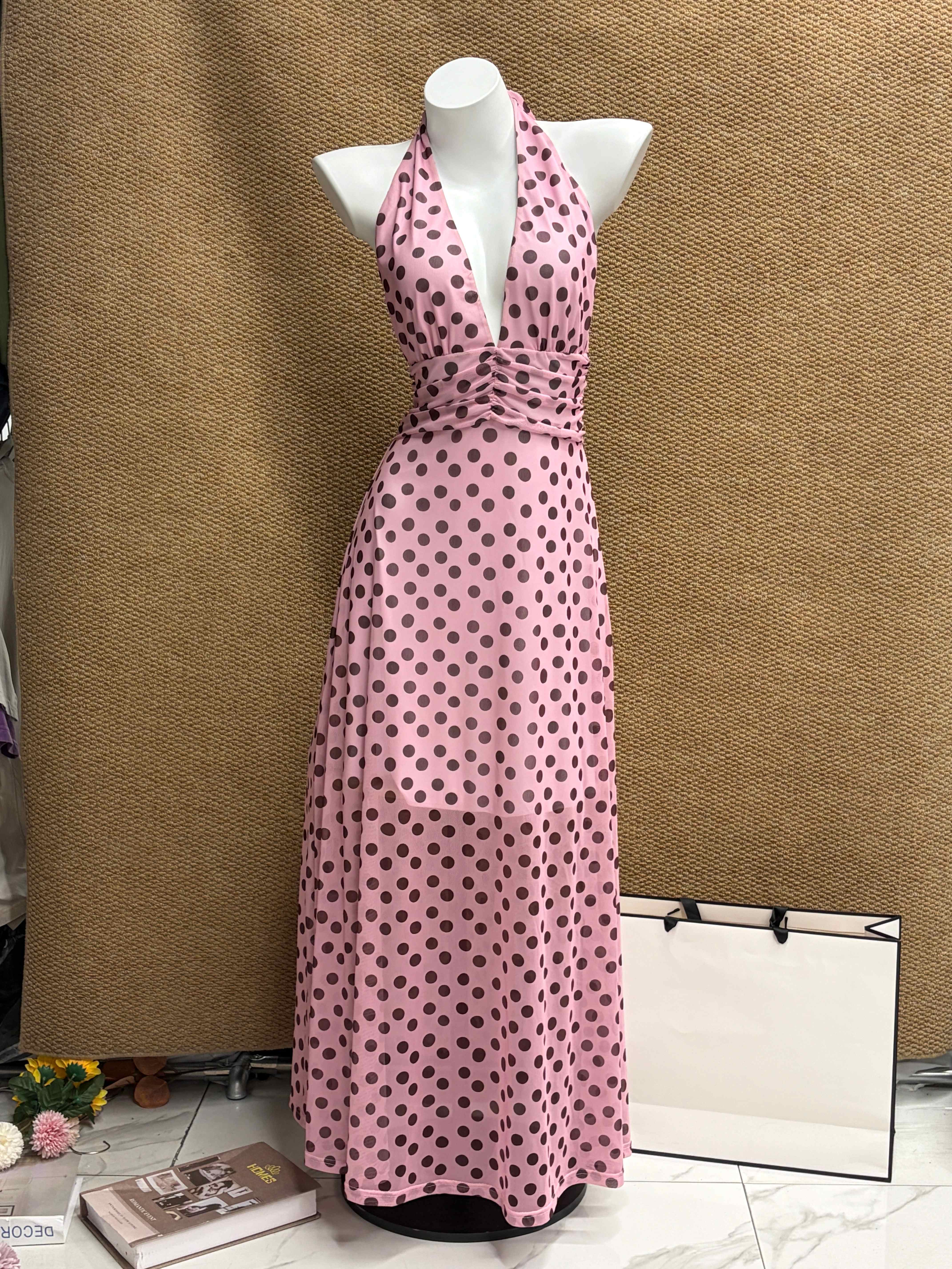 French Style Backless Polka-Dot Maxi Dress