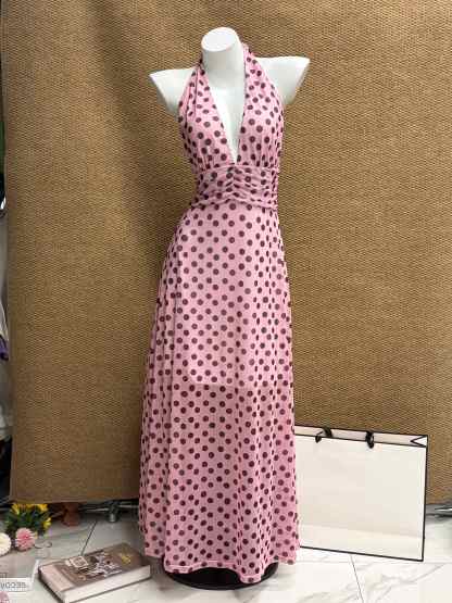 French Style Backless Polka-Dot Maxi Dress