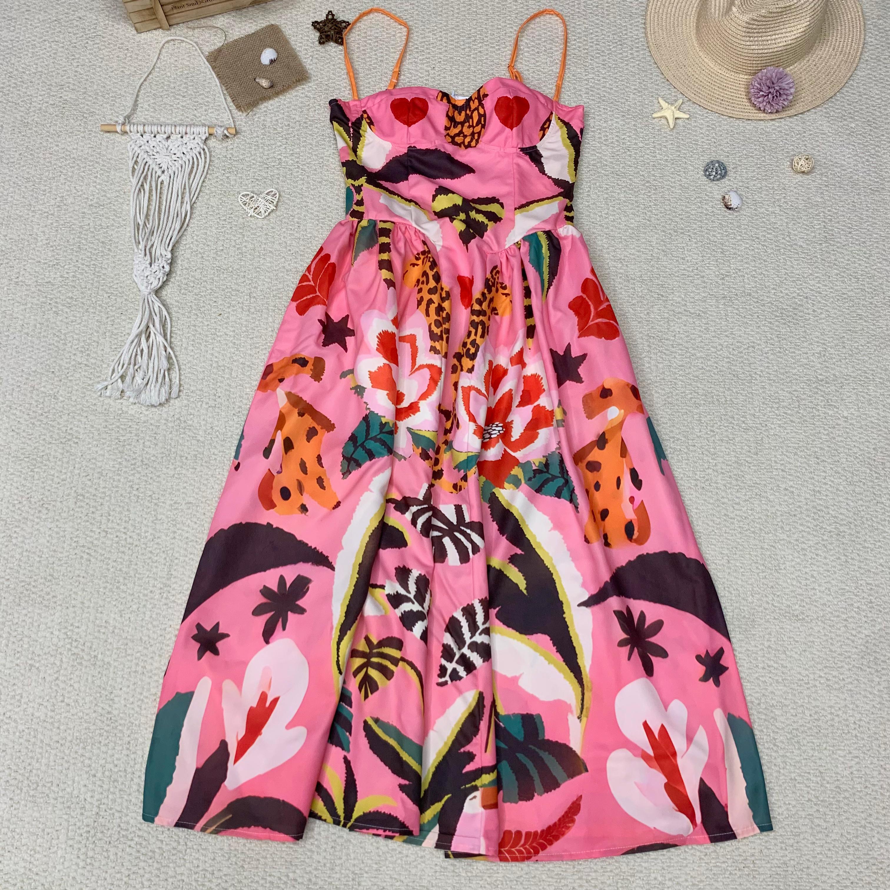 Symmetrical Flower-Print Strap Strapless Dress